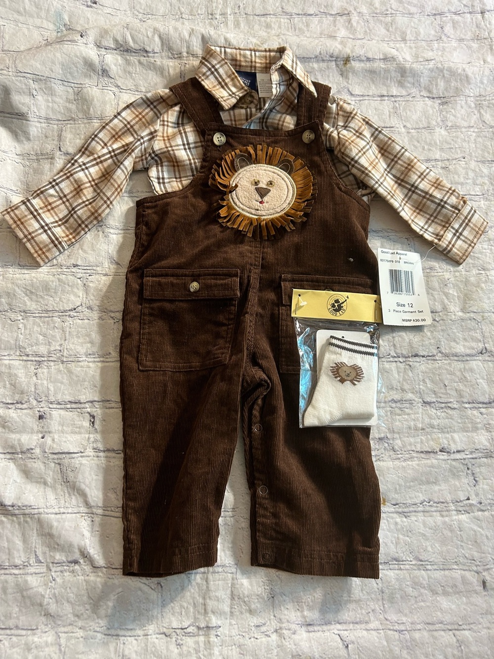 GOOD LAD GREAT GUY  COTTON BLEND BROWN/WHITE/TAN SHIRT & CORD OVERALLS 12M